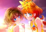  2girls blue_eyes blush brown_hair choker closed_mouth collarbone cure_papaya flower glasses green_eyes hair_flower hair_ornament highres ichinose_minori kyoutsuugengo long_hair low_ponytail medium_hair multiple_girls orange_hair outdoors precure rimless_eyewear round_eyewear sailor_collar shiny shiny_hair smile tied_hair tropical-rouge!_precure upper_body yellow_choker yellow_flower yellow_sailor_collar 