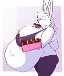  2022 anthro belly big_belly big_breasts bloobiesus box bra breasts clothing container cotton_tail dessert doughnut eating female food fur hair hi_res huge_breasts hyper hyper_belly hyper_pregnancy lagomorph leporid long_ears mallow_(bloobiesus) mammal navel outie_navel pregnant rabbit solo sweatpants tight_clothing unborn_kicking underwear white_body white_fur white_hair 