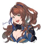  1girl :d asymmetrical_bangs bangs beatrix_(granblue_fantasy) blue_ribbon breasts brown_hair character_name cleavage cropped_arms cropped_torso eyebrows_visible_through_hair floating_hair granblue_fantasy green_eyes hair_ribbon long_hair looking_at_viewer medium_breasts ponytail ribbon shimatani_azu shiny shiny_hair sketch smile solo very_long_hair 