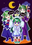  1boy 2girls absurdres blue_eyes character_request draco_centauros dragon_girl dragon_horns dragon_wings eyebrows_visible_through_hair fang green_hair highres horns long_hair long_sleeves looking_at_viewer multiple_girls pointy_ears puyopuyo red_eyes s2offbeat satan_(puyopuyo) sleeves_past_wrists speech_bubble wings yellow_eyes 