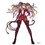  1girl artist_name bangs blonde_hair blue_eyes bodysuit boots breasts cat_tail cosplay crotch_zipper danganronpa:_trigger_happy_havoc danganronpa_(series) earrings enoshima_junko fake_tail gloves high_heels highres holding holding_weapon holding_whip jewelry latex latex_bodysuit long_hair looking_at_viewer medium_breasts navel ozkh persona persona_5 pink_gloves red_bodysuit red_footwear simple_background skin_tight smile solo stomach tail takamaki_anne takamaki_anne_(cosplay) thigh_boots thighhighs tied_hair twintails weapon whip white_background zipper 