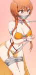  1girl alternate_breast_size alternate_costume bangs bare_shoulders blush bound bound_wrists breasts brown_background brown_hair chain cleavage collar cuffs earrings handcuffs highres jewelry kinbakuman large_breasts leaning_forward metal_collar navel nisekoi orange_eyes restrained ring rope shackles shiny shiny_hair simple_background skindentation tachibana_marika tape 