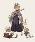  1girl animal_ear_fluff animal_ears bag bandaid bandaid_on_foot bell black_skirt blue_headwear broom brown_eyes cat cat_ears cat_girl cat_tail character_request commentary_request fang gradient_hair grey_background hakama hakama_skirt haori holding holding_broom holding_paper japanese_clothes looking_at_viewer multicolored_hair neck_bell onmyoji open_mouth orange_hair p-suke paper paw_print sandals short_ponytail shoulder_bag simple_background skirt smile solo tail toes white_hair 