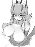  1girl absurdres animal_ears areolae bangs blush bow bowtie breasts breasts_outside caracal_(kemono_friends) caracal_ears cleavage clothes_pull commentary_request elbow_gloves extra_ears eyebrows_visible_through_hair flipped_hair gloves highres kemono_friends large_breasts looking_at_viewer nipples open_mouth shibori_kasu shirt shirt_pull short_hair skirt sleeveless solo tail 