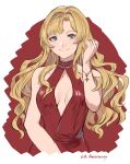  1girl alternate_hairstyle blonde_hair blue_eyes bracelet breasts cleavage cleavage_cutout closed_mouth clothing_cutout collarbone dress earrings granblue_fantasy hair_down hair_intakes highres jewelry long_hair looking_at_viewer medium_breasts red_background red_dress shimatani_azu shiny shiny_hair sleeveless sleeveless_dress smile solo standing two-tone_background upper_body very_long_hair white_background zeta_(granblue_fantasy) 