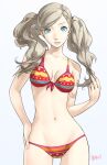  1girl artist_name bare_shoulders bikini blonde_hair blue_eyes breasts cleavage collarbone english_commentary hair_ornament hairclip hand_in_hair hand_on_hip lips looking_at_viewer medium_breasts navel ozkh persona persona_5 smile solo swimsuit takamaki_anne teeth twintails 