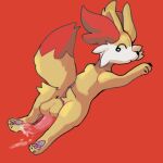  anus balls bodily_fluids butt cheek_tuft cum cum_on_ground dipstick_tail erection facial_tuft fennekin feral fur genital_fluids genitals hi_res inner_ear_fluff lying male markings nintendo on_front pawpads penis pink_pawpads pok&eacute;mon pok&eacute;mon_(species) rear_view red_background red_body red_fur shaded simple_background solo tail_markings tuft video_games white_body white_fur yellow_body yellow_fur 