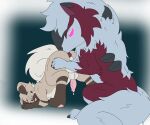  absurd_res anal animal_genitalia ass_up balls blush bodily_fluids canid canine dripping duo feral genital_fluids genitals glowing glowing_eyes hi_res knot knot_in_sheath looking_back lycanroc male male/male mammal midnight_lycanroc nintendo oral pok&eacute;mon pok&eacute;mon_(species) precum precum_drip rimming robhinsha rockruff sex sheath tongue video_games 