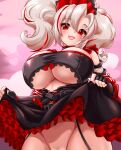  1girl azur_lane breasts clothing_cutout from_below fur-trimmed_kimono fur_trim highres japanese_clothes kimono large_breasts lifted_by_self maid mud_(artist) multicolored_hair no_panties open_mouth prinz_adalbert_(azur_lane) red_eyes short_twintails solo streaked_hair twintails underboob_cutout 