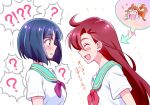  ! 2girls :d ? aozora_middle_school_uniform aqua_sailor_collar bangs blue_hair blunt_bangs blush brown_eyes closed_eyes collared_shirt hair_between_eyes kyoutsuugengo long_hair looking_at_another multiple_girls neckerchief precure profile red_hair red_neckerchief sailor_collar sailor_shirt school_uniform shiny shiny_hair shiratori_yuriko shirt short_hair short_sleeves sketch smile spoken_question_mark standing straight_hair suzumura_sango tropical-rouge!_precure upper_body very_long_hair white_background white_shirt 