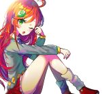  1girl absurdres andou_ringo green_eyes highres leg_warmers long_hair looking_at_viewer one_eye_closed open_mouth pleated_skirt puyopuyo red_hair red_skirt s2offbeat sitting skirt solo 