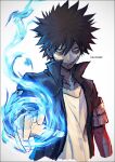  1boy artist_name black_hair blue_fire boku_no_hero_academia burn_scar dabi_(boku_no_hero_academia) fire flame k-suwabe looking_at_viewer messy_hair piercing scar smile solo spiked_hair standing staple stapled stitches white_background 