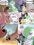  absurd_res anthro bella_the_lucario blue_body blush bodily_fluids breasts brown_body brown_fur canid canine clothed clothing cocoa_the_lopunny comic cooking detailed_background dialogue digital_media_(artwork) duo eating female feral fur gardevoir gardine_the_gardevoir green_hair group hair hi_res humanoid humor hungry lopunny lucario magicarp magikarp mammal nintendo open_mouth outside panel_painting plant pok&eacute;mon pok&eacute;mon_(species) pok&eacute;mon_infection red_eyes remoraid saliva scar simple_background slasheramaya smile solo spanish_text teeth text tongue tree video_games water white_body 