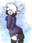  2017 ambiguous_gender belle_(mewgle) bovid cainethelongshot caprine clothed clothing digital_media_(artwork) domestic_sheep fluffy fluffy_tail fur hi_res legwear looking_at_viewer mammal markings mewgle open_mouth shaded sheep simple_background smile solo stockings sweater tongue topwear tuft white_body white_fur wool_(fur) 
