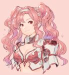  1girl :3 alternate_eye_color alternate_hair_color bag breasts choker cleavage closed_mouth cropped_arms cropped_torso floating_hair granblue_fantasy hair_intakes hairband long_hair looking_at_viewer medium_breasts pink_background pink_hair pink_theme red_eyes shimatani_azu shiny shiny_hair sketch smile solo twintails upper_body very_long_hair white_hairband zeta_(granblue_fantasy) 