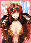  1girl ^_^ arms_up bangs bodysuit breasts choker cleavage closed_eyes confetti dola_(nijisanji) dragon_girl dragon_horns eyebrows_visible_through_hair eyewear_on_head facing_viewer fur_trim glasses happy happy_birthday herio highres horns large_breasts long_hair navel nijisanji open_mouth orange_hair plunging_neckline revealing_clothes sidelocks smile solo standing v virtual_youtuber 
