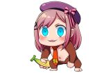  banana blue_eyes bow donkey_kong donkey_kong_(series) food fruit fusion hair_ornament hairclip hat hat_bow holding konboi-eg medium_hair necktie nijisanji pink_bow pink_hair purple_headwear red_necktie suzuhara_lulu wide-eyed 