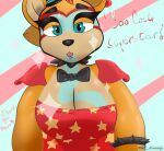  accessory animatronic anthro armband big_breasts blue_eyes bow_tie breasts brown_body brown_hair clothed clothing desesperadoleon ear_piercing ear_ring english_text eyebrows female five_nights_at_freddy&#039;s five_nights_at_freddy&#039;s:_security_breach glamrock_freddy_(fnaf) hair hat headgear headwear hi_res jewelry machine mammal piercing robot scottgames shoulder_pads solo text ursid ursine video_games 