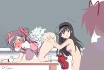  3girls age_difference akemi_homura all_fours areolae ass black_hair blush bottomless breasts caught chalkboard classroom cosplay desk dress high_heels highres interrupted kaname_junko kaname_madoka kaname_madoka_(cosplay) large_breasts long_hair looking_to_the_side magical_girl mahou_shoujo_madoka_magica mature_female medium_breasts multiple_girls myahogao nipples nude pink_hair purple_eyes purple_hair red_ribbon ribbon school school_uniform short_hair twintails yuri 