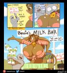  $ absurd_res ambiguous_gender anon anthro areola bessie_(zp92) big_breasts black_border border bottomwear bovid bovine breasts can clothing comic container cowbell cutoffs daisy_dukes denim denim_clothing dialogue duo english_text female hi_res horn hotpants huge_breasts leaning leaning_forward mammal milk milk_bottle nipple_slip shirt shorts sign text tied_shirt topwear trash_can zp92 