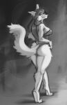  2020 anthro barefoot breasts butt canid canine canis digital_media_(artwork) digitigrade domestic_dog eyewear feet female fur glasses hair law_(doggylaw) mammal monochrome round_glasses simple_background smile solo standing temils walking 