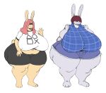  absurd_res anthro belly big_breasts bottomwear breasts buckteeth camel_toe clothed clothing cutoffs denim denim_clothing dress_shirt duo female gesture hair hair_over_eyes half-closed_eyes hi_res huge_breasts huge_hips huge_thighs hyper hyper_breasts hyper_thighs lagomorph leporid mammal narrowed_eyes navel overweight overweight_anthro overweight_female pants pink_hair rabbit red_hair shirt shorts smile sssonic2 teeth thick_thighs topwear waving white_body wide_hips yellow_body 