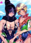  2girls absurdres alternate_costume apex_legends black_hair black_scarf black_swimsuit blonde_hair blue_eyes blue_swimsuit blush breasts cleavage cloud collarbone hair_bun highres holding holding_stuffed_toy large_breasts looking_to_the_side medium_breasts multiple_girls nessie_(respawn) one-piece_swimsuit open_mouth same-tan scar scar_on_cheek scar_on_face scarf short_hair sitting stuffed_toy swimsuit water wattson_(apex_legends) wraith_(apex_legends) 