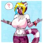  aaronhibiki anthro big_breasts blonde_hair blue_hair bottomwear bra breasts clothed clothing denim denim_clothing ear_piercing female fishnet fur hair hi_res huge_breasts hyper hyper_breasts jeans lemur mammal markings multicolored_body multicolored_fur multicolored_hair navel navel_piercing pants piercing pink_bra pink_clothing pink_underwear primate small_waist solo strepsirrhine striped_markings striped_tail stripes tail_markings tongue tongue_out translucent underwear yellow_sclera 