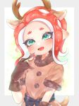  1girl a_msel animal_ears antlers black_gloves blush brown_dress christmas commentary deer_ears deer_tail dress english_commentary fangs fur-trimmed_dress fur_trim gloves green_eyes highres looking_at_viewer octoling open_mouth pointing pointing_at_self pointy_ears red_hair reindeer_antlers short_sleeves skin_fangs smile solo splatoon_(series) suction_cups tail tentacle_hair upper_body 
