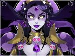  1girl absurdres amethyst_(gemstone) black_hair breasts chest_jewel cleavage earrings english_commentary eyebrows forehead_jewel hades_(game) highres jewelry looking_at_viewer makeup mess_sama nyx_(hades) purple_lips skull solo upper_body yellow_eyes 