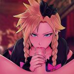  2boys black_legwear blonde_hair bow braid cloud_strife crossdressing eyeliner eyeshadow fellatio final_fantasy final_fantasy_vii hair_bow hair_ornament large_penis lipstick loodncrood looking_at_viewer makeup male_focus multiple_boys oral otoko_no_ko penis pov saliva solo thighhighs twin_braids yaoi 