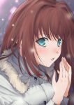  1girl anianiani0607 aozaki_aoko aqua_eyes bangs blush breath brown_hair buttons coat commentary fingernails fur-trimmed_coat fur_trim hair_intakes highres long_hair long_sleeves looking_at_viewer mahou_tsukai_no_yoru open_mouth own_hands_together parted_lips sidelocks snow solo tongue upper_body very_long_hair white_coat winter_clothes winter_coat 