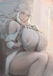  1girl bare_shoulders blue_eyes breasts covered_nipples dress final_fantasy final_fantasy_xiv gray_bear highres huge_breasts lips long_hair looking_at_viewer no_bra parted_lips see-through sitting solo spoilers thick_thighs thighs venat_(ff14) white_hair 