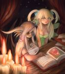  2girls :d bandages bangs bare_shoulders black_skin black_souls black_wings blue_ribbon blush_stickers book breasts candle cleavage closed_eyes closed_mouth colored_skin covered_navel curtains dragon_girl dragon_horns dragon_wings fairy fairy_wings fire green_eyes green_leotard green_wings hair_between_eyes hair_ribbon highres horns jabberwock_(black_souls) large_breasts leaf_(black_souls) leotard light_green_hair medium_breasts multicolored_skin multiple_girls open_book open_mouth patchwork_skin pointy_ears ribbon ropeperson smile stitched_arm stitched_face stitched_neck strapless strapless_leotard two_side_up white_hair white_horns wings 