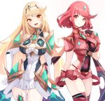  bangs bare_legs bare_shoulders black_gloves blonde_hair breasts chest_jewel cleavage cleavage_cutout clothing_cutout dress earrings elbow_gloves fingerless_gloves gloves highres jewelry large_breasts long_hair mythra_(xenoblade) pyra_(xenoblade) red_eyes red_hair red_legwear red_shorts risumi_(taka-fallcherryblossom) short_dress short_hair short_shorts shorts swept_bangs thigh_strap thighhighs tiara very_long_hair white_dress white_gloves xenoblade_chronicles_(series) xenoblade_chronicles_2 yellow_eyes 