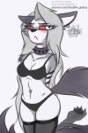  2:3 anthro bdsm blush bondage bound breasts canid canid_demon canine clothed clothing collar demon digital_media_(artwork) female fur hair hellhound helluva_boss hi_res kneeling legwear loona_(helluva_boss) mammal navel patreon piercing red_sclera rope shad0w-galaxy simple_background solo stockings text url white_body white_fur 