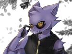  anthro black_clothing branch chiropteran clothing crystal_marisun ev_(character) eyewear fur looking_over_glasses male mammal membrane_(anatomy) membranous_wings orange_eyes petals purple_body purple_fur simple_background sleeveless_hoodie solo sunglasses wings zipper 