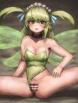  1girl bangs bar_censor bare_arms bare_shoulders black_souls blue_ribbon blush breasts bright_pupils censored cleavage clothing_aside collar collarbone covered_navel eyebrows_visible_through_hair fairy fairy_wings fingernails green_eyes green_leotard green_pupils green_wings hair_between_eyes hair_ribbon highres leaf_(black_souls) leotard leotard_aside light_green_hair long_hair maid_headdress medium_breasts open_mouth pointy_ears pussy ribbon ropeperson solo spread_legs strapless strapless_leotard thighs two_side_up wings 