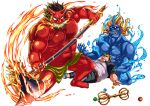  3boys alpha_transparency ammami8 axe bara black_sclera blue_skin colored_sclera colored_skin fallen_down fire gouki_(housamo) horns loincloth long_sideburns male_focus motosumi_(housamo) multiple_boys muscular muscular_male official_art oni oni_horns open_mouth red_skin short_hair sideburns thick_eyebrows tokyo_afterschool_summoners transparent_background vajra_(object) water yellow_eyes zenki_(housamo) 