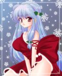  1girl adapted_costume arm_strap artist_name asymmetrical_clothes back_bow bangs blue_background border bow breasts christmas closed_mouth commentary cowboy_shot double_bun dress fur-trimmed_dress fur_trim hair_ornament large_breasts long_hair looking_at_viewer purple_eyes ranma_1/2 red_bow red_dress shampoo_(ranma_1/2) short_dress side_slit sidelocks signature single-shoulder_dress smile snowflakes solo standing uehara_doh v_arms very_long_hair white_border 