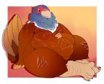  2016 4_toes 5_fingers anisodactyl anthro avian beak belly big_belly biped bird bird_feet black_claws black_eyebrows black_eyes blue_body blue_feathers border brown_body brown_feathers claws common_pheasant digital_media_(artwork) digitigrade eyebrows faisan_(foxcall) feathers feet fingers front_view galliform hand_on_stomach holding_belly huge_hips huge_thighs male moobs multicolored_body multicolored_feathers narrowed_eyes nude obese obese_anthro obese_male oreocakes overweight overweight_anthro overweight_male phasianid phasianus pink_background red_body red_feathers scutes shaded shadow simple_background sitting smile smirk solo story story_in_description tail_feathers tan_body tan_feathers thick_thighs toe_claws toes weight_gain white_body white_border white_feathers wide_hips yellow_beak 