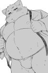  2022 anthro asian_clothing belly blush canid canine canis clothing diru11 domestic_dog east_asian_clothing fundoshi happi_(clothing) hi_res humanoid_hands japanese_clothing kemono male mammal monochrome moobs navel nipples overweight overweight_male simple_background solo underwear white_background 