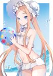  1girl abigail_williams_(fate) abigail_williams_(swimsuit_foreigner)_(fate) artist_name ball bangs bare_arms beachball bikini bikini_skirt blonde_hair blue_eyes bonnet border bow commentary cowboy_shot fate/grand_order fate_(series) hair_bow highres holding holding_ball holding_beachball long_hair looking_at_viewer navel outside_border parted_bangs parted_lips solo standing stomach strapless strapless_bikini swimsuit twintails very_long_hair wet white_bikini white_bow white_headwear yennineii 
