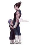  2boys child closed_mouth commentary dragon_ball drawing english_commentary father_and_son gloves hands_on_another&#039;s_shoulders highres in-hyuk_lee leotard looking_at_viewer looking_up multiple_boys muscular muscular_male painting vegeta 