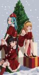  3girls absurdres bare_legs bare_shoulders black_footwear black_hairband blonde_hair blue_hair brown_hair christmas christmas_lights christmas_tree closed_mouth commentary detached_sleeves dress elbow_rest english_commentary gift grey_background hachikuji_mayoi hair_ribbon hairband hat high_heels highres kneehighs long_hair long_sleeves looking_at_viewer monogatari_(series) multiple_girls nemo_ringo ononoki_yotsugi oshino_shinobu parted_lips pointy_ears red_dress red_eyes red_legwear red_ribbon red_sleeves ribbon santa_costume santa_dress santa_hat short_sleeves sitting smile snow snowing thick_eyebrows twintails yellow_eyes 