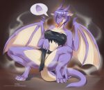  anthro big_breasts black_clothing blue_body blue_hair breasts breath_powers clothing dragon ear_piercing ear_ring elemental_manipulation female fire fire_breathing fire_manipulation hair hi_res horn maku_(maku450) membrane_(anatomy) membranous_wings nipple_outline piercing purplelemons smile solo spread_legs spread_wings spreading tongue tongue_out wings yellow_eyes 