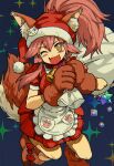  1girl :3 animal_ear_fluff animal_ears animal_feet animal_hands apron bangs bell blue_background blush bow breasts cat_hair_ornament cat_paws christmas collar commentary dress english_commentary eyebrows_visible_through_hair eyelashes fang fate/grand_order fate_(series) fox_ears fox_girl fox_tail frills fur-trimmed_headwear hair_between_eyes hair_ornament hair_through_headwear hat highres holding holding_sack jingle_bell kusama_takato large_breasts long_hair looking_at_viewer maid_apron mixed-language_commentary neck_bell one_eye_closed open_mouth paw_print pink_hair ponytail puffy_sleeves red_bow red_dress sack saint_quartz_(fate) santa_costume santa_hat short_sleeves sidelocks skin_fang smile solo sparkle tail tamamo_(fate) tamamo_cat_(fate) tongue yellow_eyes 