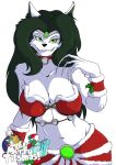  anthro breasts christmas christmas_clothing claws clothed clothing fangs felid feline female fur gem green_eyes green_hair hair hi_res holidays mammal nephtys_ma&#039;at partially_clothed solo white_body white_fur yawg 