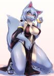  2021 anthro beverage black_clothing blue_body blue_fur blue_hair blush breasts canid canine canis chest_tuft clothing female footwear fur hair holding_beverage holding_object kneeling looking_at_viewer maku_(maku450) mammal open_mouth sakamata_orca sandals simple_background smile solo thick_thighs tuft white_background wolf 