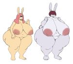  absurd_res anthro areola belly big_breasts breasts buckteeth duo female genitals gesture hair hair_over_eyes half-closed_eyes hi_res huge_breasts huge_hips huge_thighs hyper hyper_breasts hyper_thighs lagomorph leporid mammal narrowed_eyes navel nipples nude overweight overweight_anthro overweight_female pink_hair pussy rabbit red_hair red_nipples smile sssonic2 teeth thick_thighs waving white_body wide_hips yellow_body 